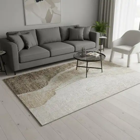 Brown And Ivory Abstract Washable Area Rug With UV Protection Photo 1