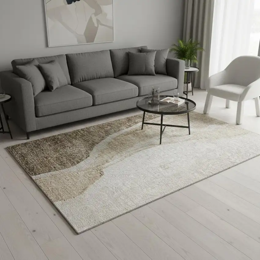 Brown And Ivory Abstract Washable Area Rug With UV Protection Photo 1