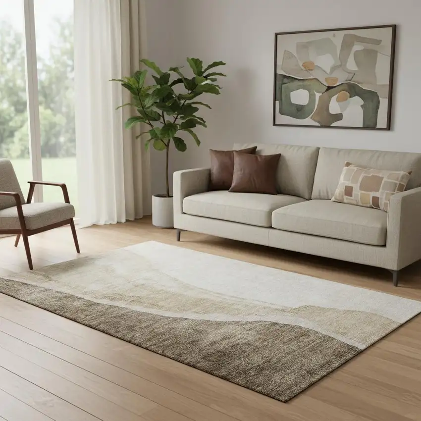 Brown And Ivory Abstract Washable Area Rug With UV Protection Photo 1