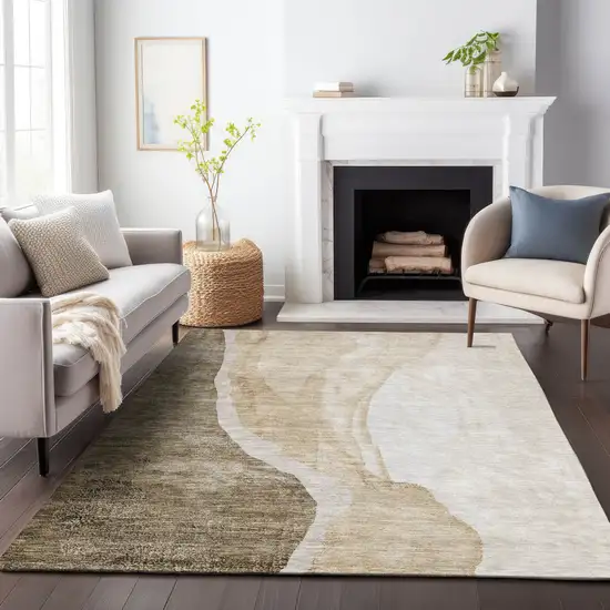 Brown And Ivory Abstract Washable Area Rug With UV Protection Photo 4