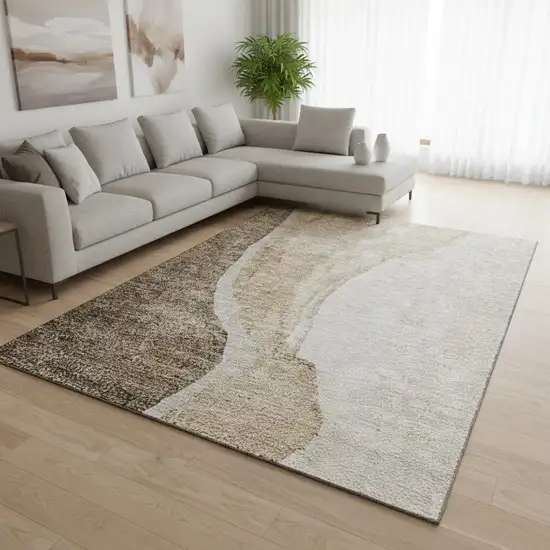 Brown And Ivory Abstract Washable Area Rug With UV Protection Photo 1