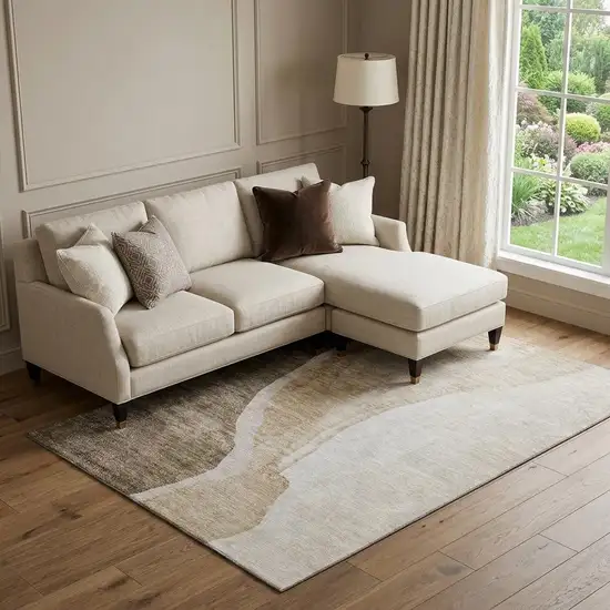 Brown And Ivory Abstract Washable Area Rug With UV Protection Photo 1