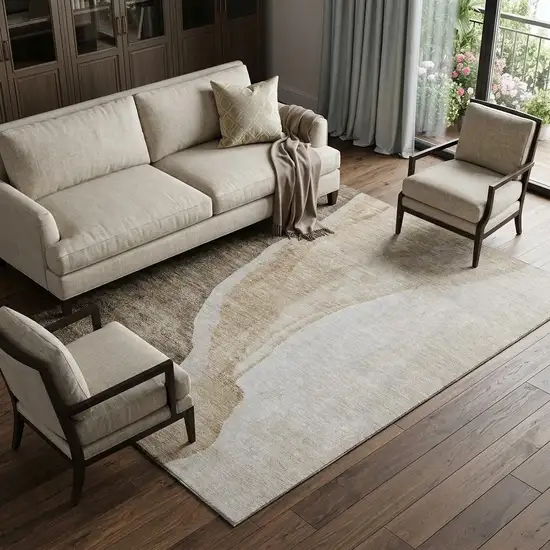Brown And Ivory Abstract Washable Area Rug With UV Protection Photo 1