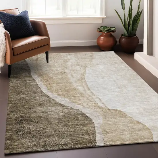 Brown And Ivory Abstract Washable Area Rug With UV Protection Photo 5