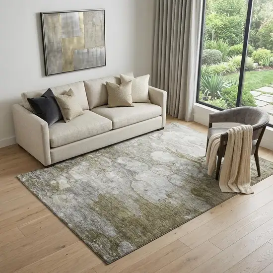 Brown And Ivory Abstract Washable Area Rug With UV Protection Photo 1