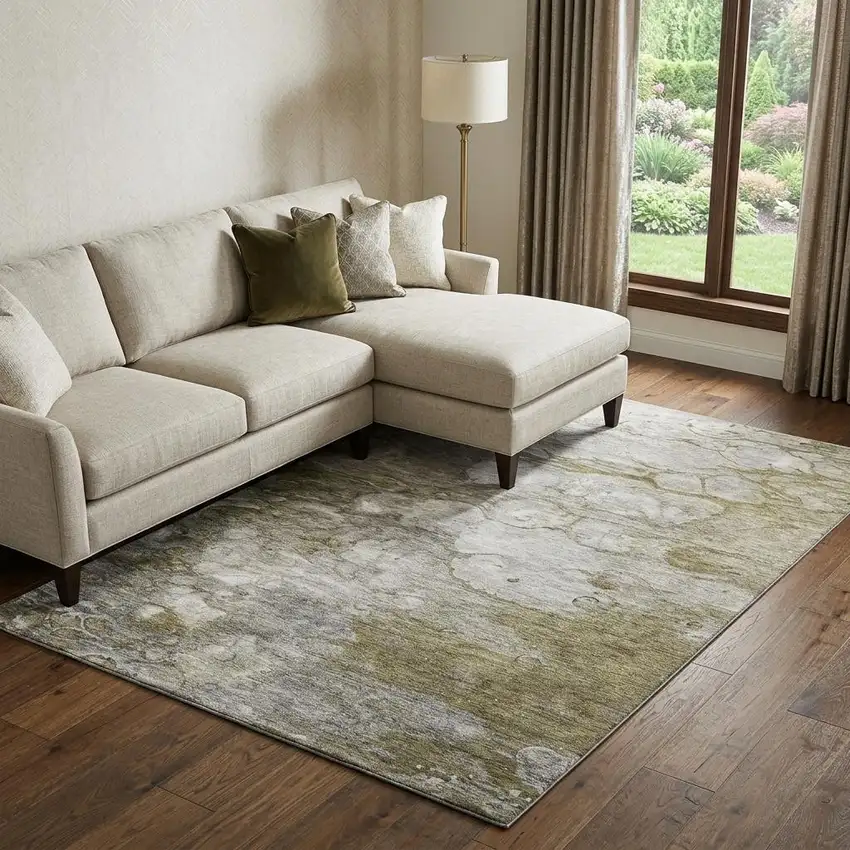 Brown And Ivory Abstract Washable Area Rug With UV Protection Photo 1