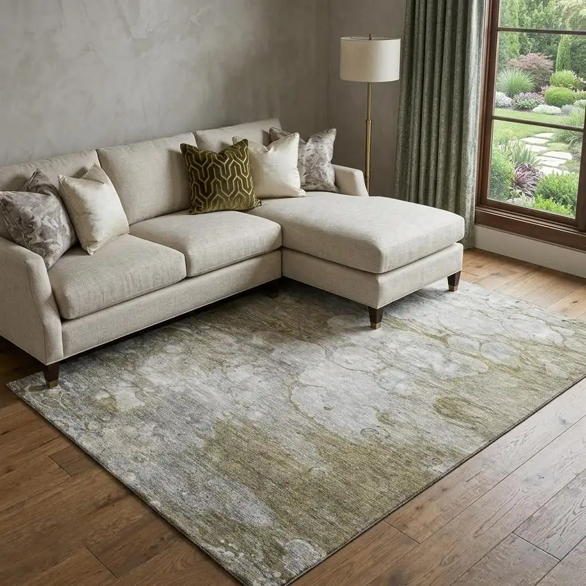Brown And Ivory Abstract Washable Area Rug With UV Protection Photo 1