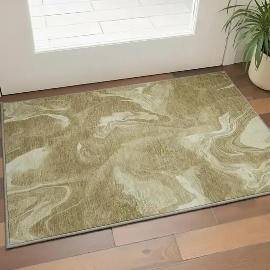 Brown And Ivory Abstract Washable Area Rug With UV Protection Photo 2