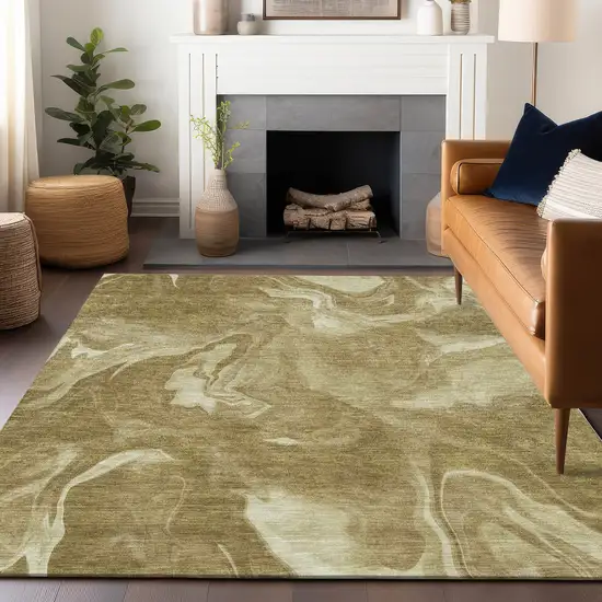 Brown And Ivory Abstract Washable Area Rug With UV Protection Photo 6