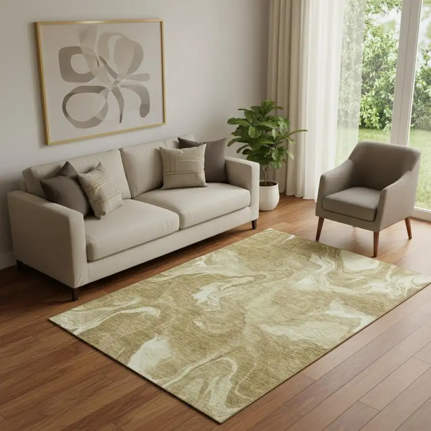 Brown And Ivory Abstract Washable Area Rug With UV Protection Photo 1