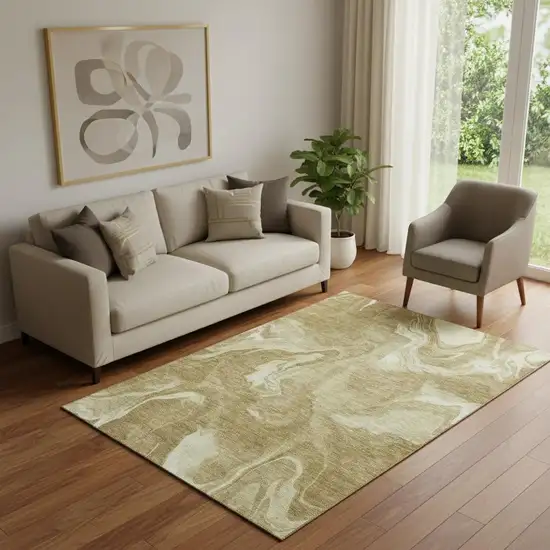 Brown And Ivory Abstract Washable Area Rug With UV Protection Photo 1