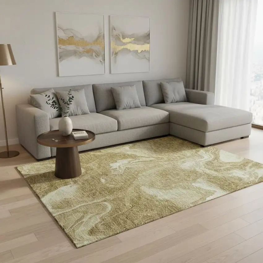 Brown And Ivory Abstract Washable Area Rug With UV Protection Photo 2