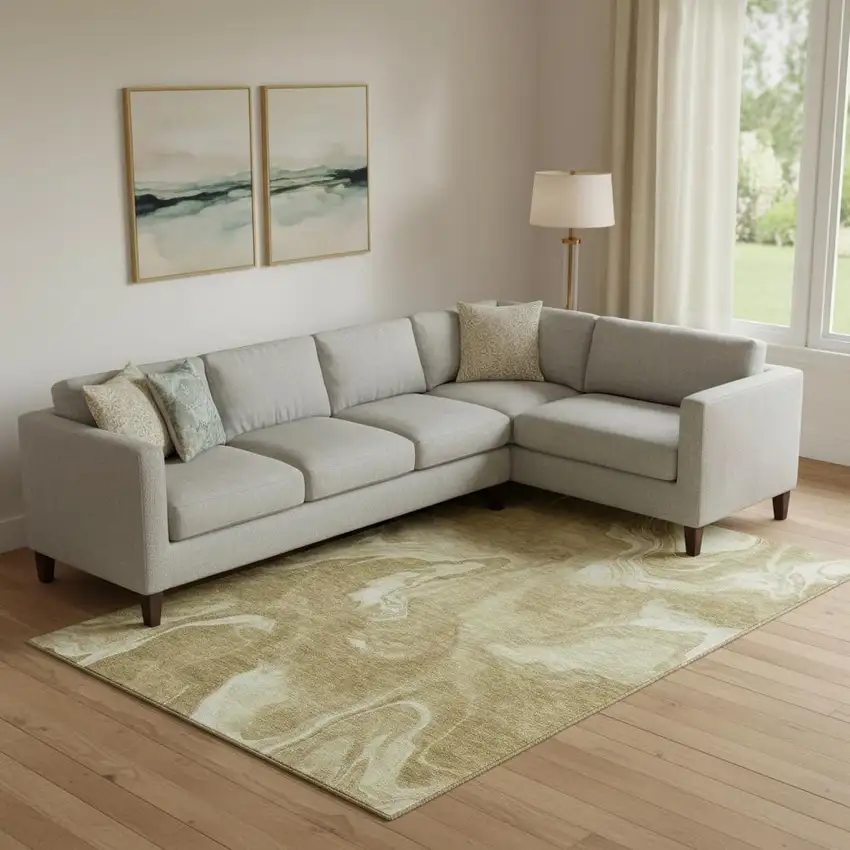 Brown And Ivory Abstract Washable Area Rug With UV Protection Photo 1