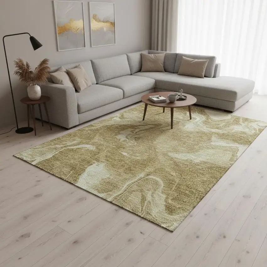 Brown And Ivory Abstract Washable Area Rug With UV Protection Photo 2