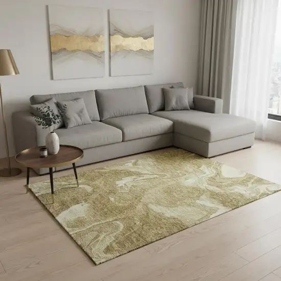 Brown And Ivory Abstract Washable Area Rug With UV Protection Photo 2