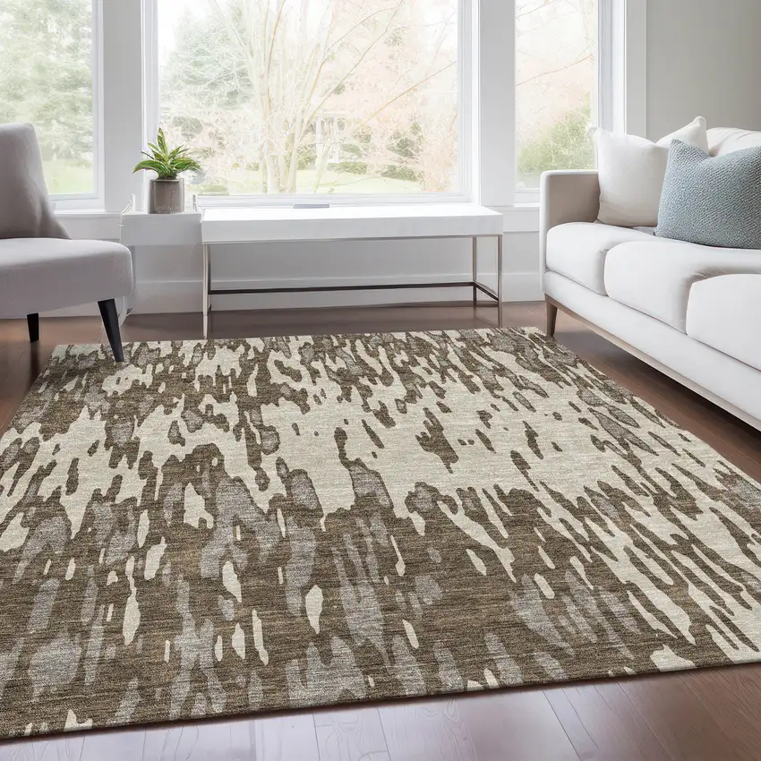 Brown And Ivory Abstract Washable Area Rug With UV Protection Photo 5