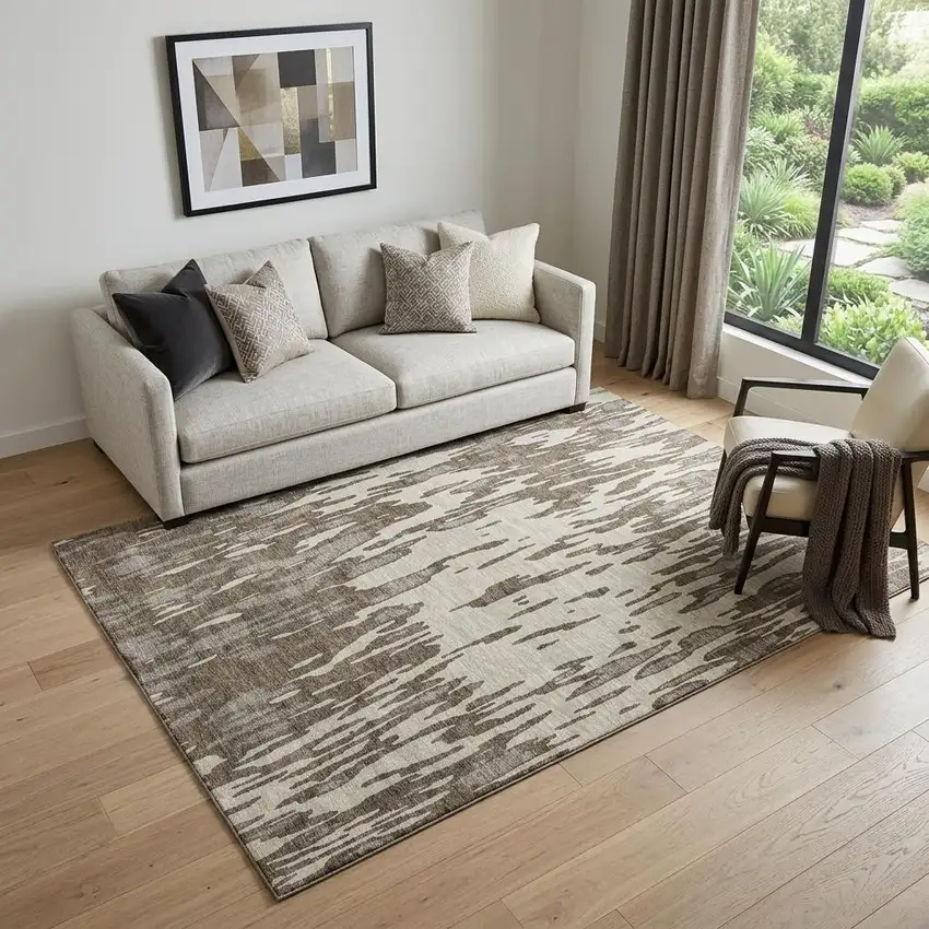 Brown And Ivory Abstract Washable Area Rug With UV Protection Photo 1