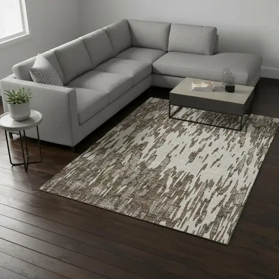 Brown And Ivory Abstract Washable Area Rug With UV Protection Photo 2
