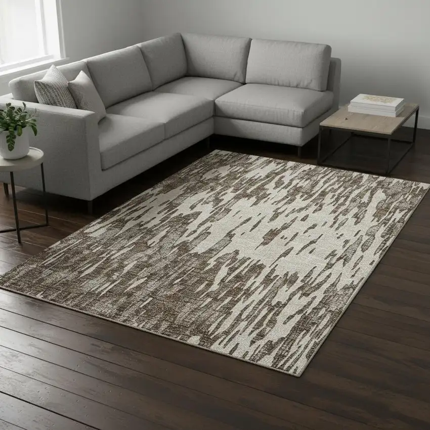 Brown And Ivory Abstract Washable Area Rug With UV Protection Photo 2