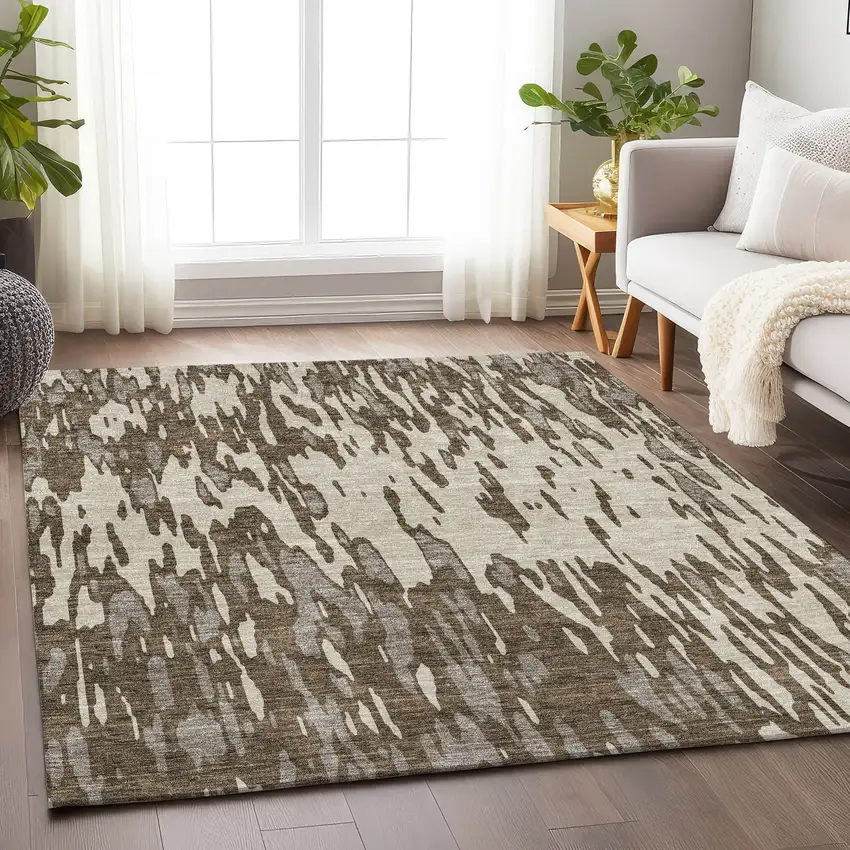 Brown And Ivory Abstract Washable Area Rug With UV Protection Photo 4