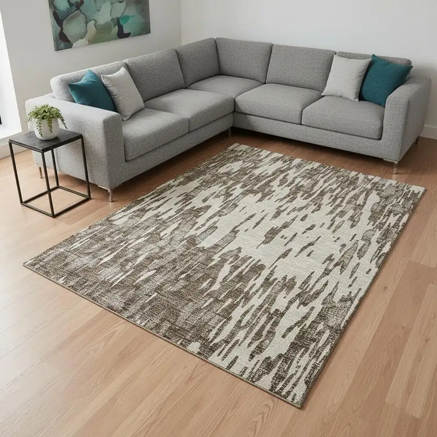 Brown And Ivory Abstract Washable Area Rug With UV Protection Photo 2