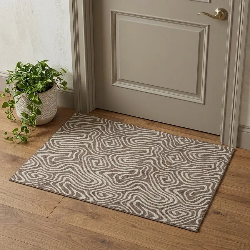 Brown And Ivory Abstract Washable Area Rug With UV Protection Photo 1