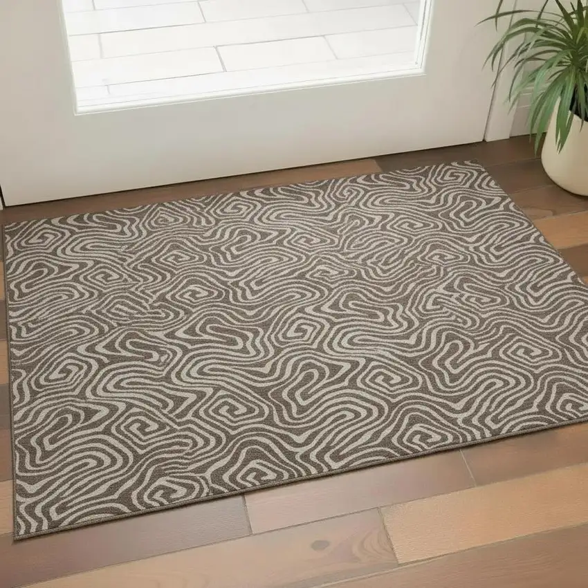 Brown And Ivory Abstract Washable Area Rug With UV Protection Photo 2