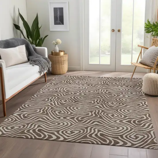 Brown And Ivory Abstract Washable Area Rug With UV Protection Photo 5