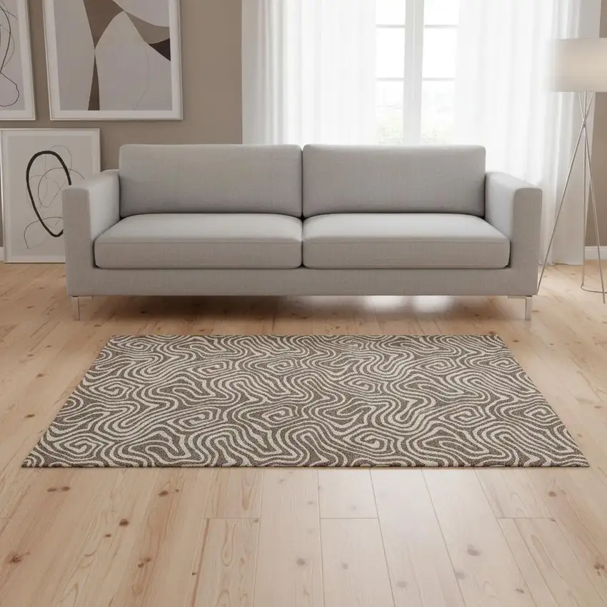 Brown And Ivory Abstract Washable Area Rug With UV Protection Photo 2