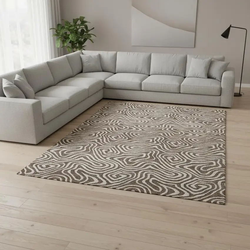 Brown And Ivory Abstract Washable Area Rug With UV Protection Photo 2