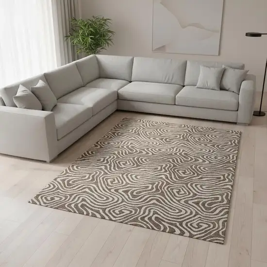 Brown And Ivory Abstract Washable Area Rug With UV Protection Photo 2