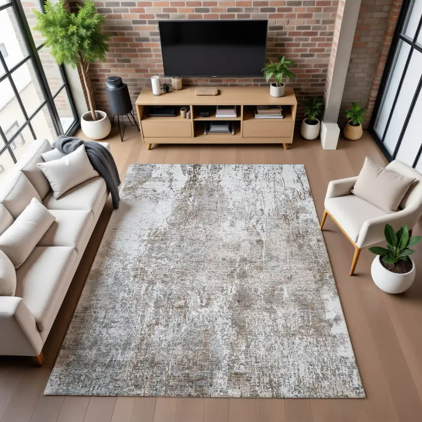 Brown And Ivory Abstract Washable Area Rug With UV Protection Photo 4