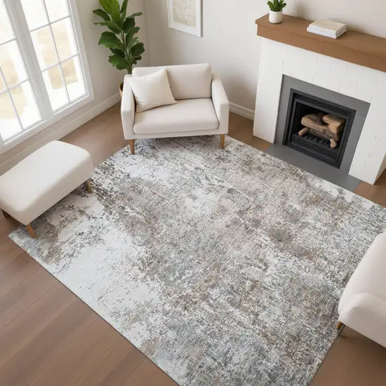Brown And Ivory Abstract Washable Area Rug With UV Protection Photo 3