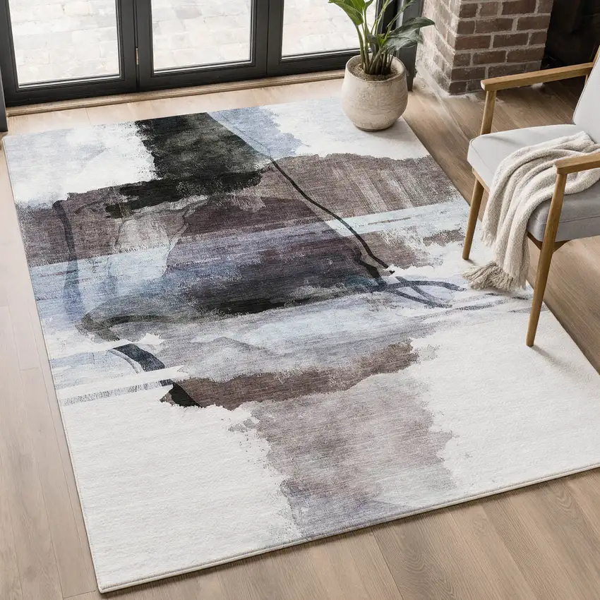 Brown And Ivory Abstract Washable Area Rug With UV Protection Photo 5