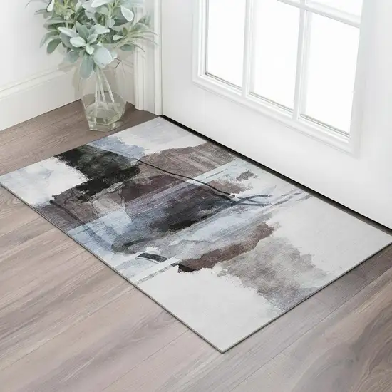 Brown And Ivory Abstract Washable Area Rug With UV Protection Photo 2