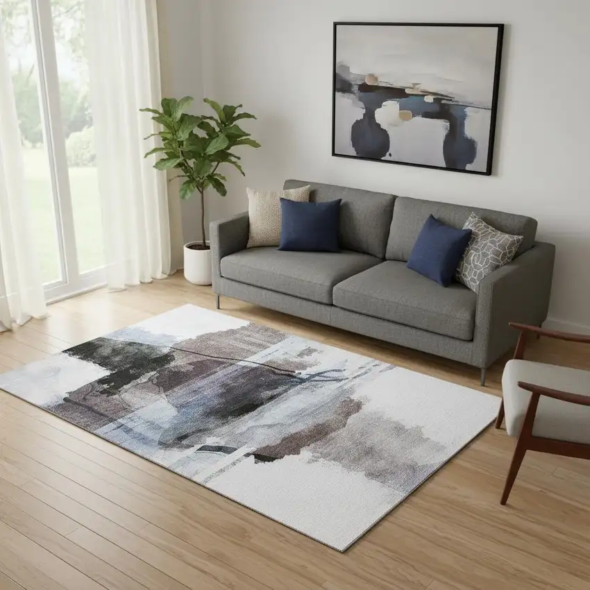 Brown And Ivory Abstract Washable Area Rug With UV Protection Photo 2