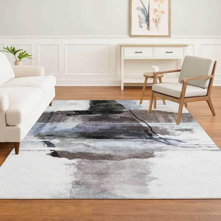 Brown And Ivory Abstract Washable Area Rug With UV Protection Photo 5