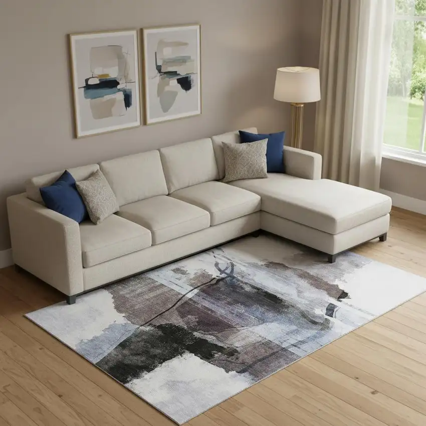 Brown And Ivory Abstract Washable Area Rug With UV Protection Photo 2