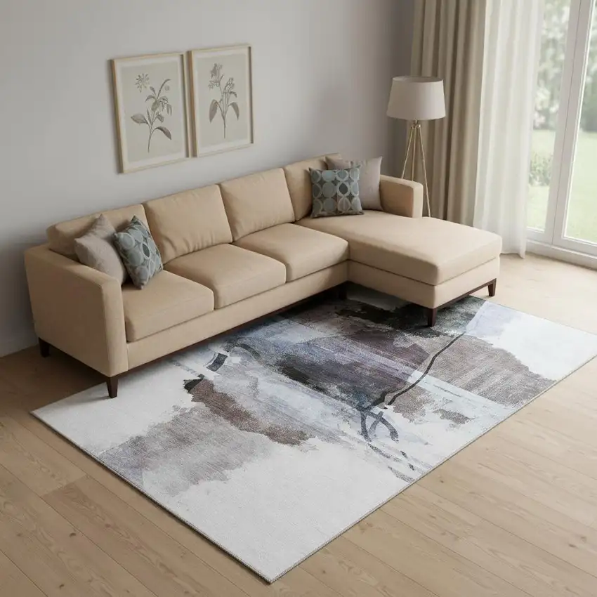 Brown And Ivory Abstract Washable Area Rug With UV Protection Photo 2