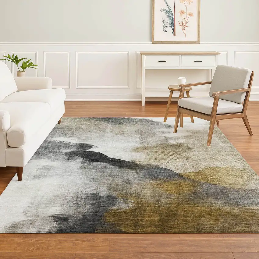 Brown And Ivory Abstract Washable Area Rug With UV Protection Photo 2