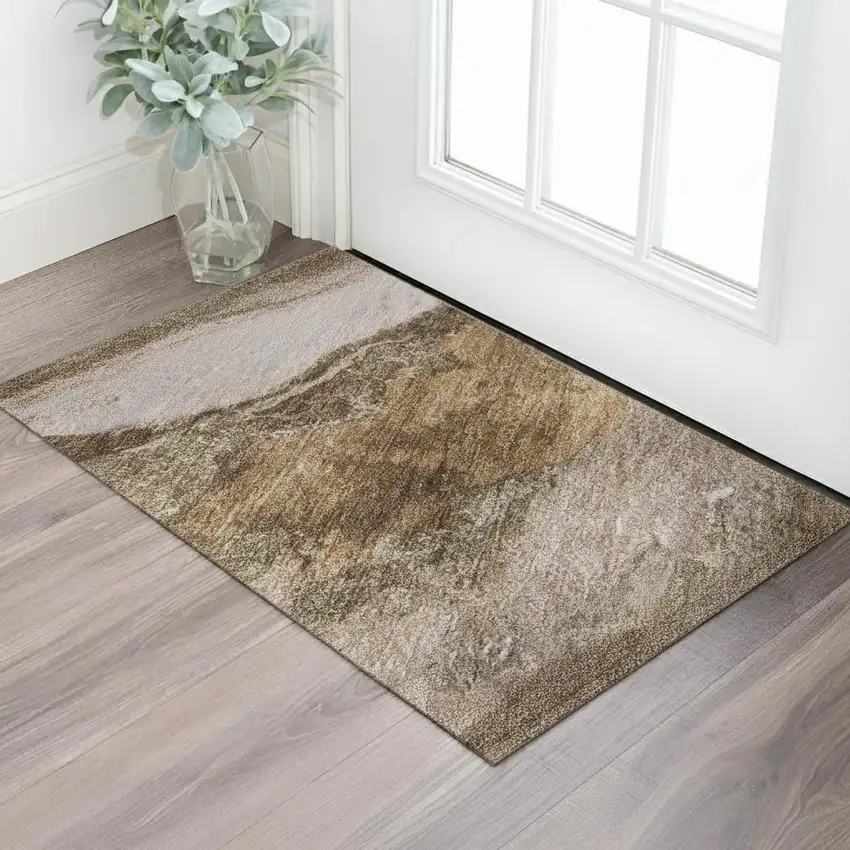 Brown And Ivory Abstract Washable Area Rug With UV Protection Photo 2