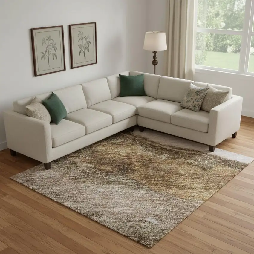 Brown And Ivory Abstract Washable Area Rug With UV Protection Photo 2