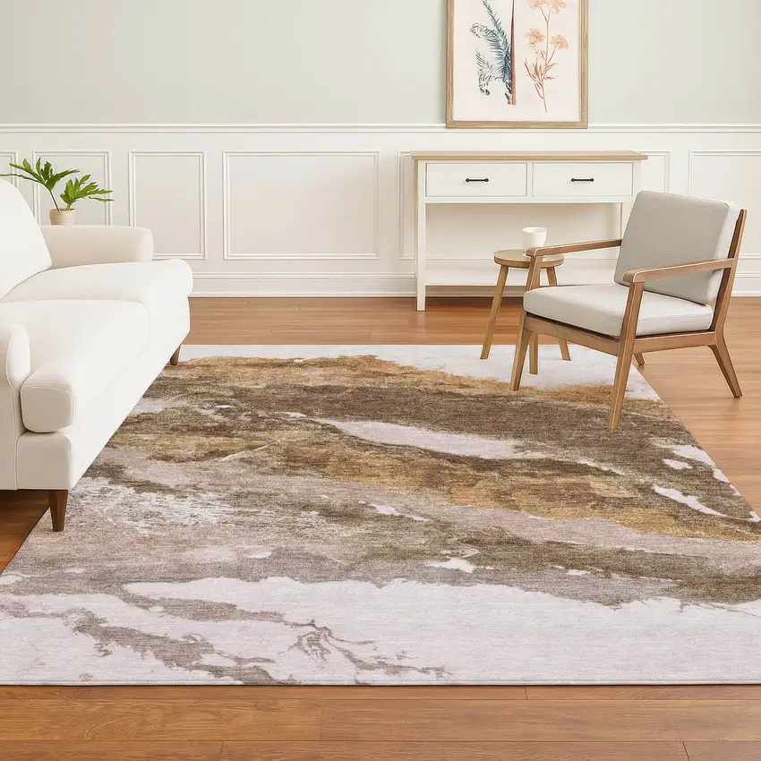 Brown And Ivory Abstract Washable Area Rug With UV Protection Photo 4