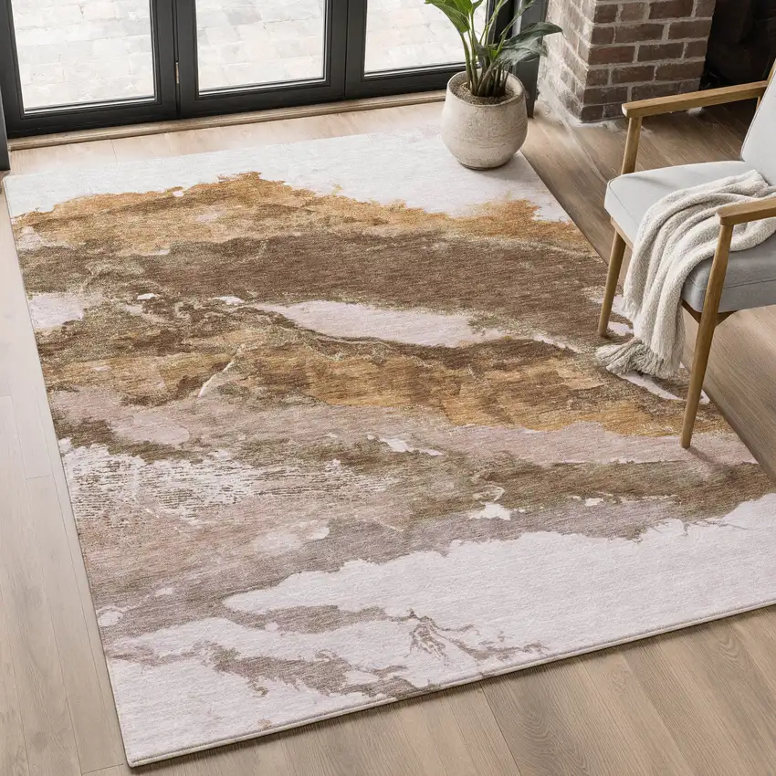Brown And Ivory Abstract Washable Area Rug With UV Protection Photo 4