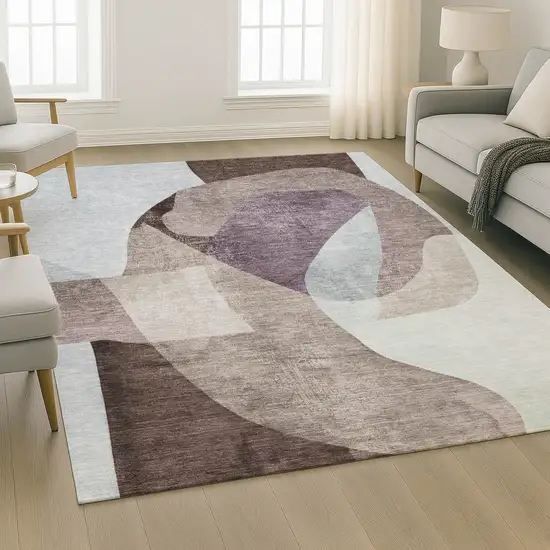 Brown And Ivory Abstract Washable Area Rug With UV Protection Photo 2