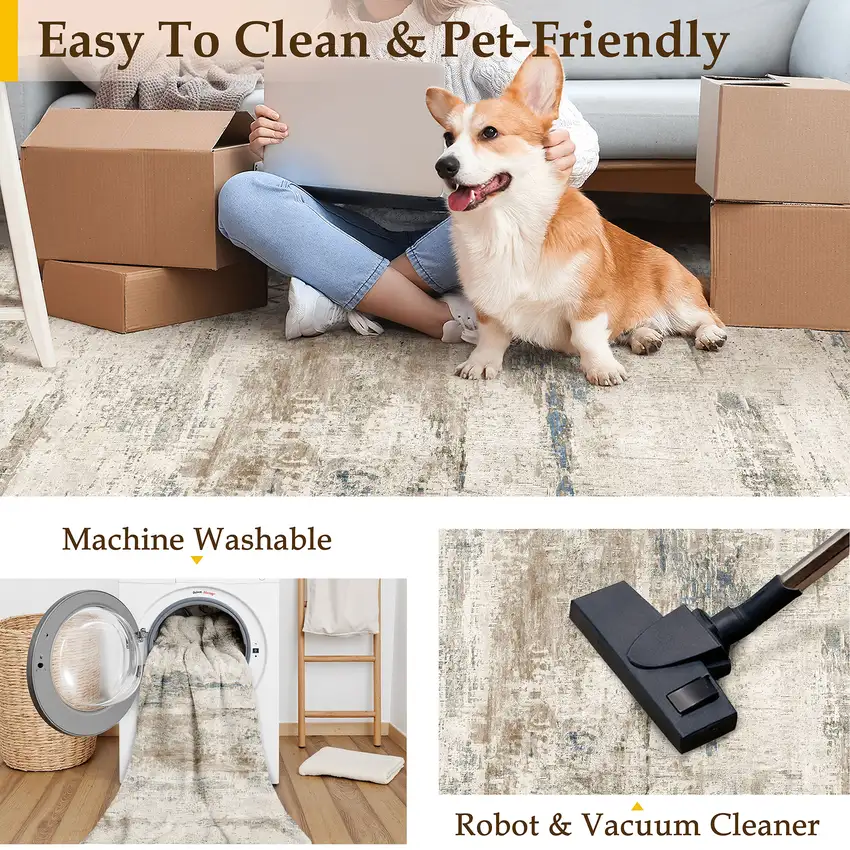 Blue Brown And Ivory Abstract Washable Area Rug Photo 7