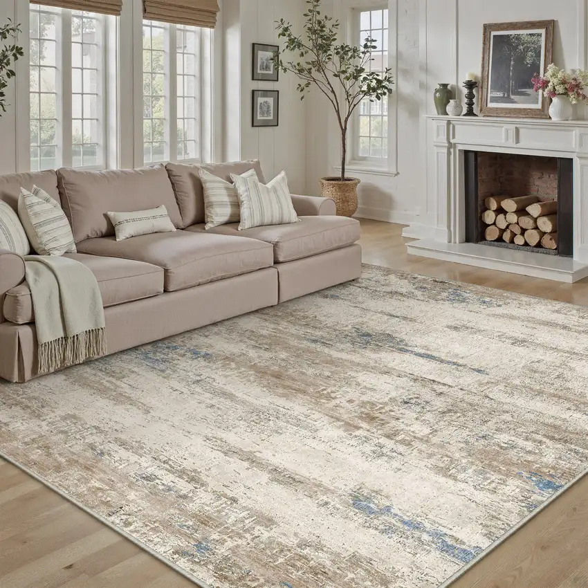 Blue Brown And Ivory Abstract Washable Area Rug Photo 4