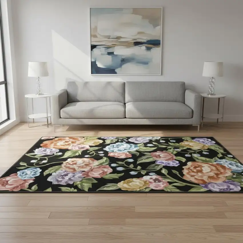 Black Green And Orange Floral Washable Area Rug Photo 1