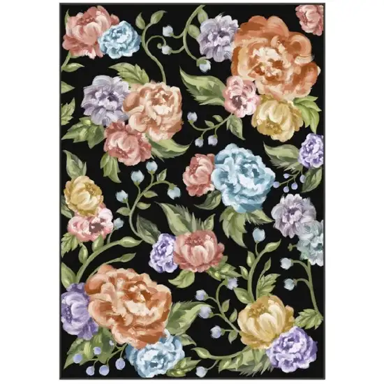 Black Green And Orange Floral Washable Area Rug Photo 2