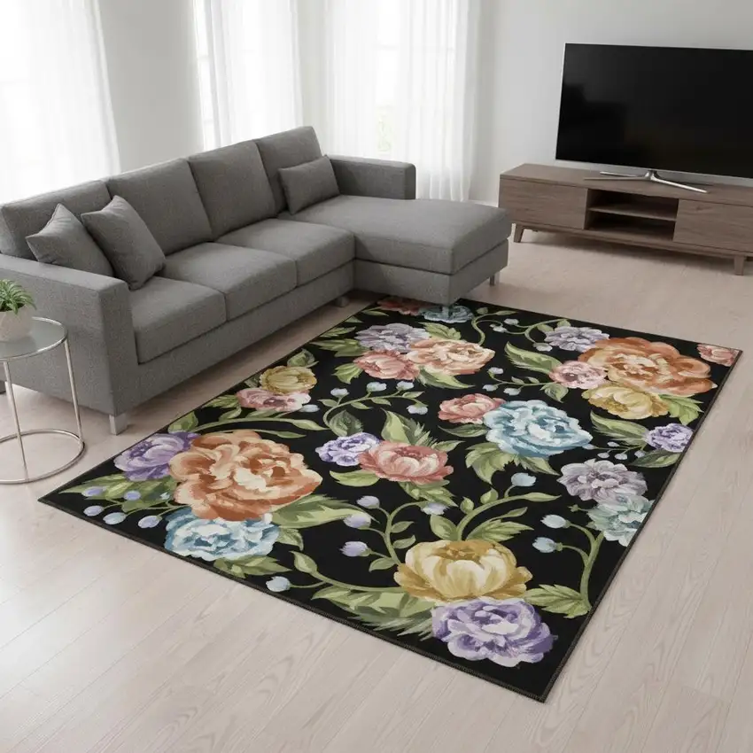 Black Green And Orange Floral Washable Area Rug Photo 1